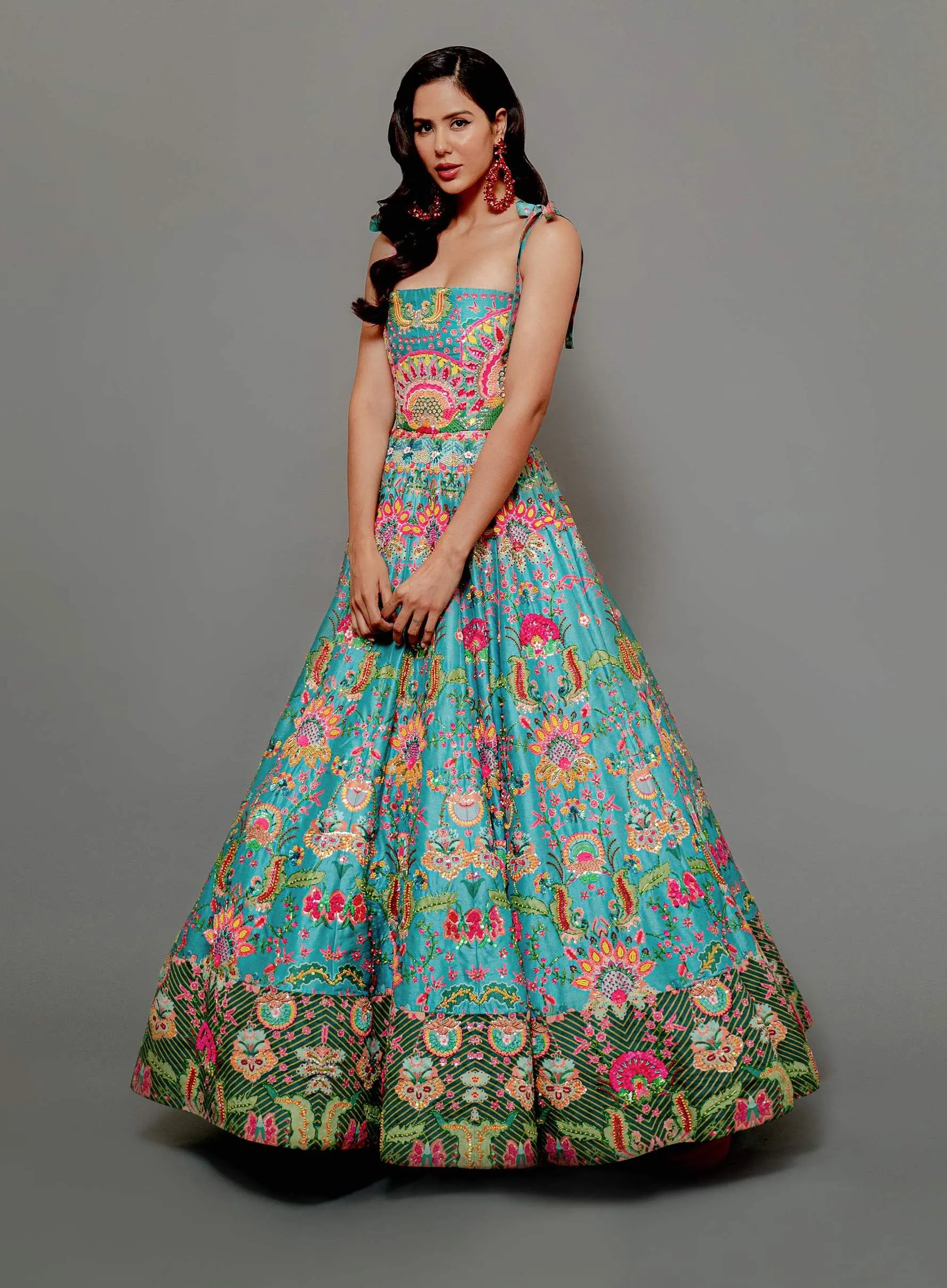 Hawaiian Teal Embroidered Corseted Gown