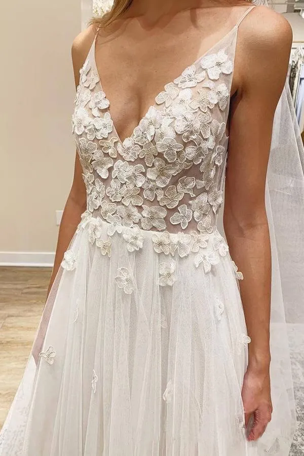 Ivory Tulle A-line V-Neck Sweep Train Wedding Dresses With Flowers, SW382