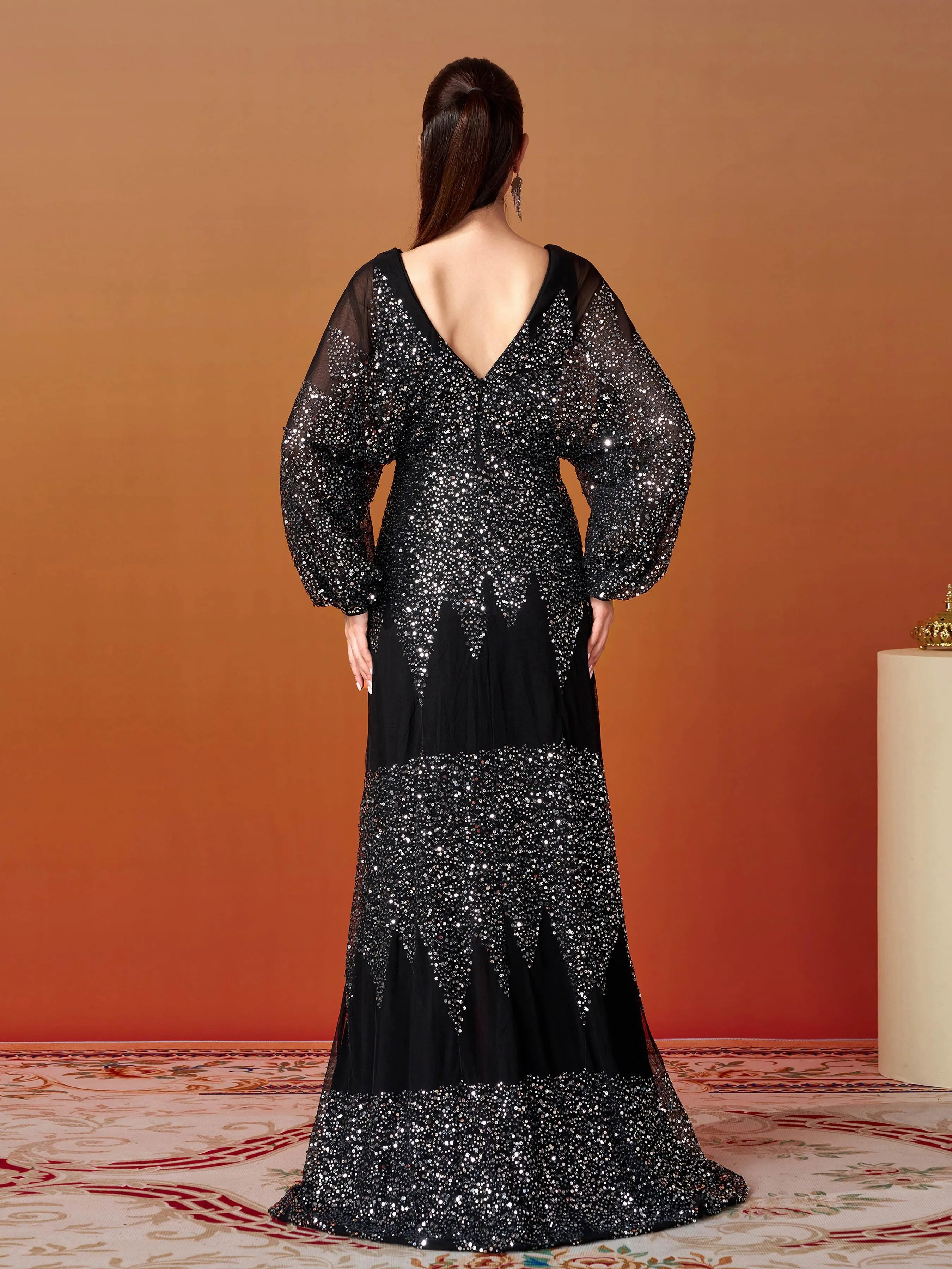 Lantern Sleeve V-Neck High Split Black Prom Dress RM21107