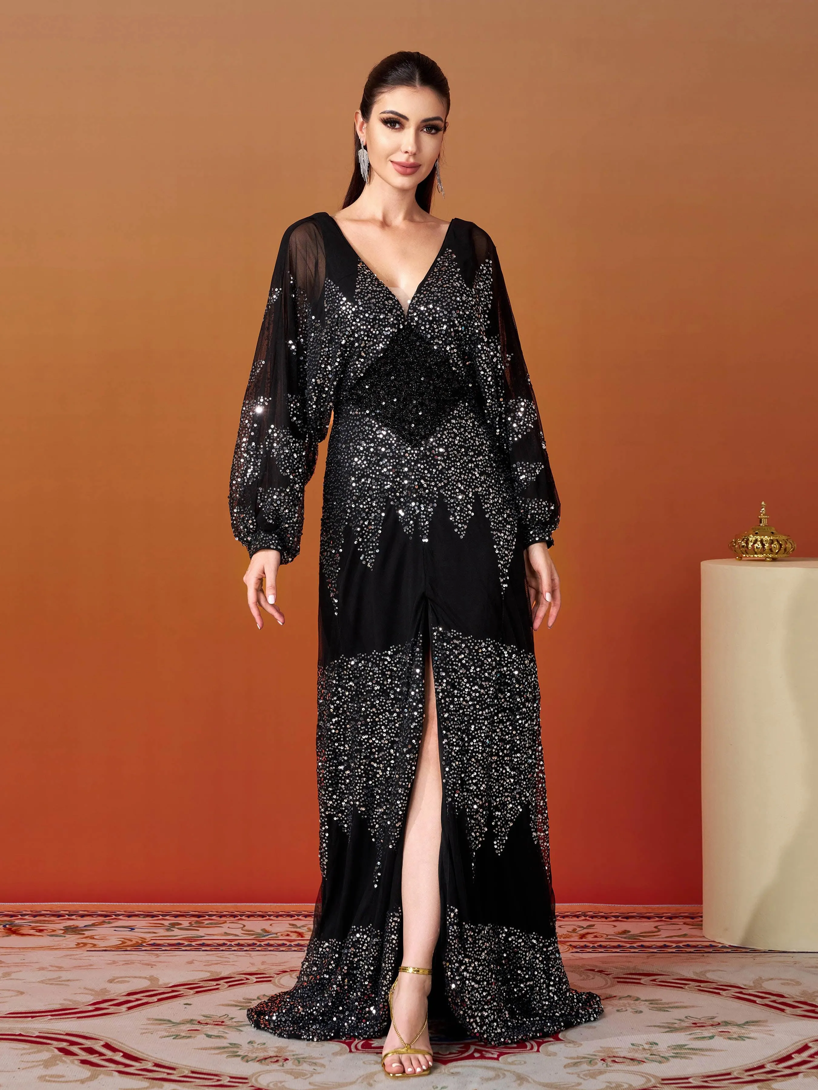 Lantern Sleeve V-Neck High Split Black Prom Dress RM21107