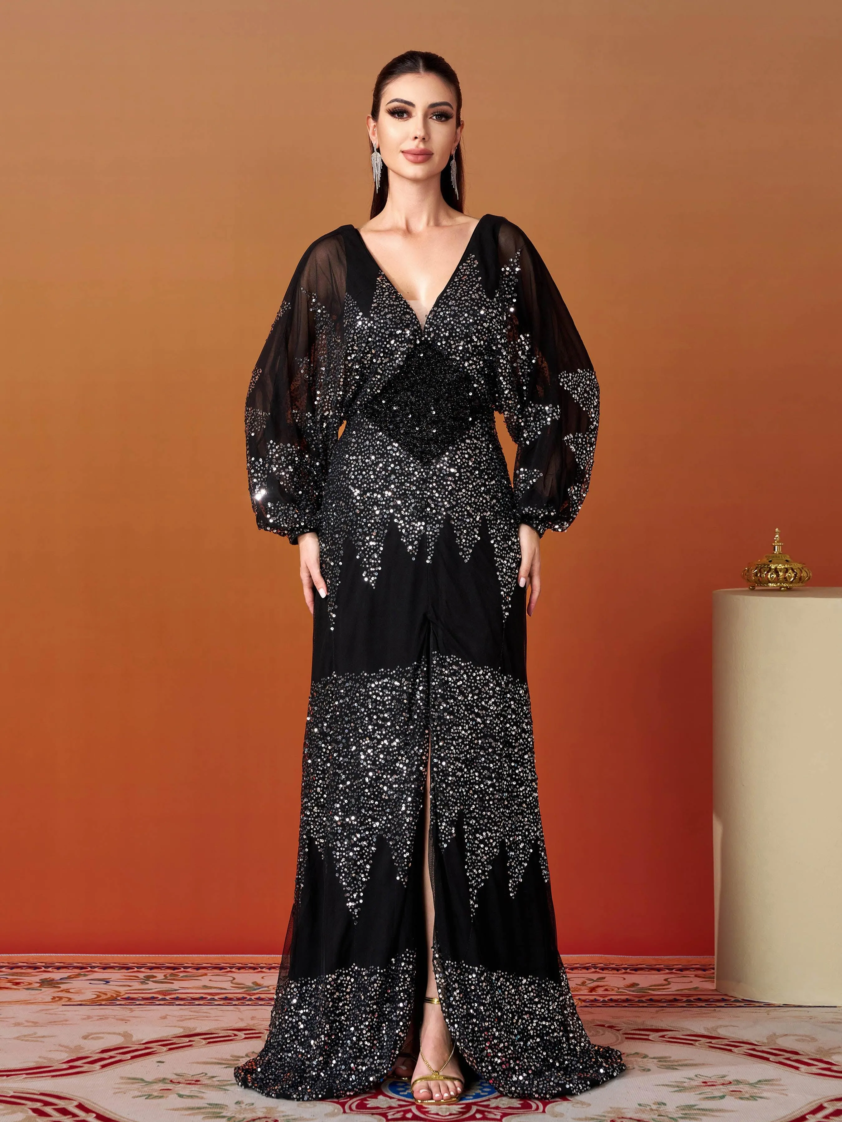 Lantern Sleeve V-Neck High Split Black Prom Dress RM21107