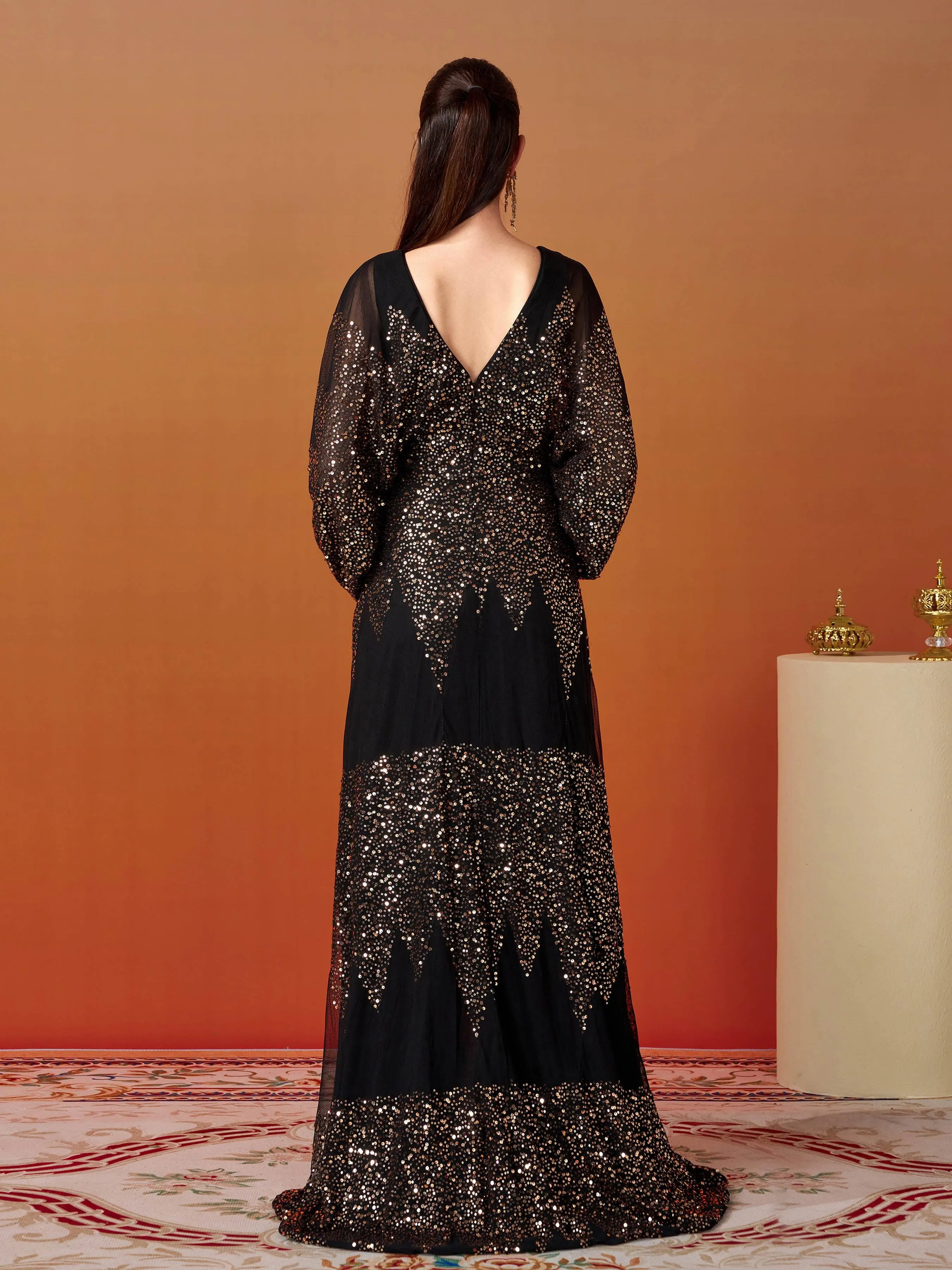 Lantern Sleeve V-Neck High Split Black Prom Dress RM21107