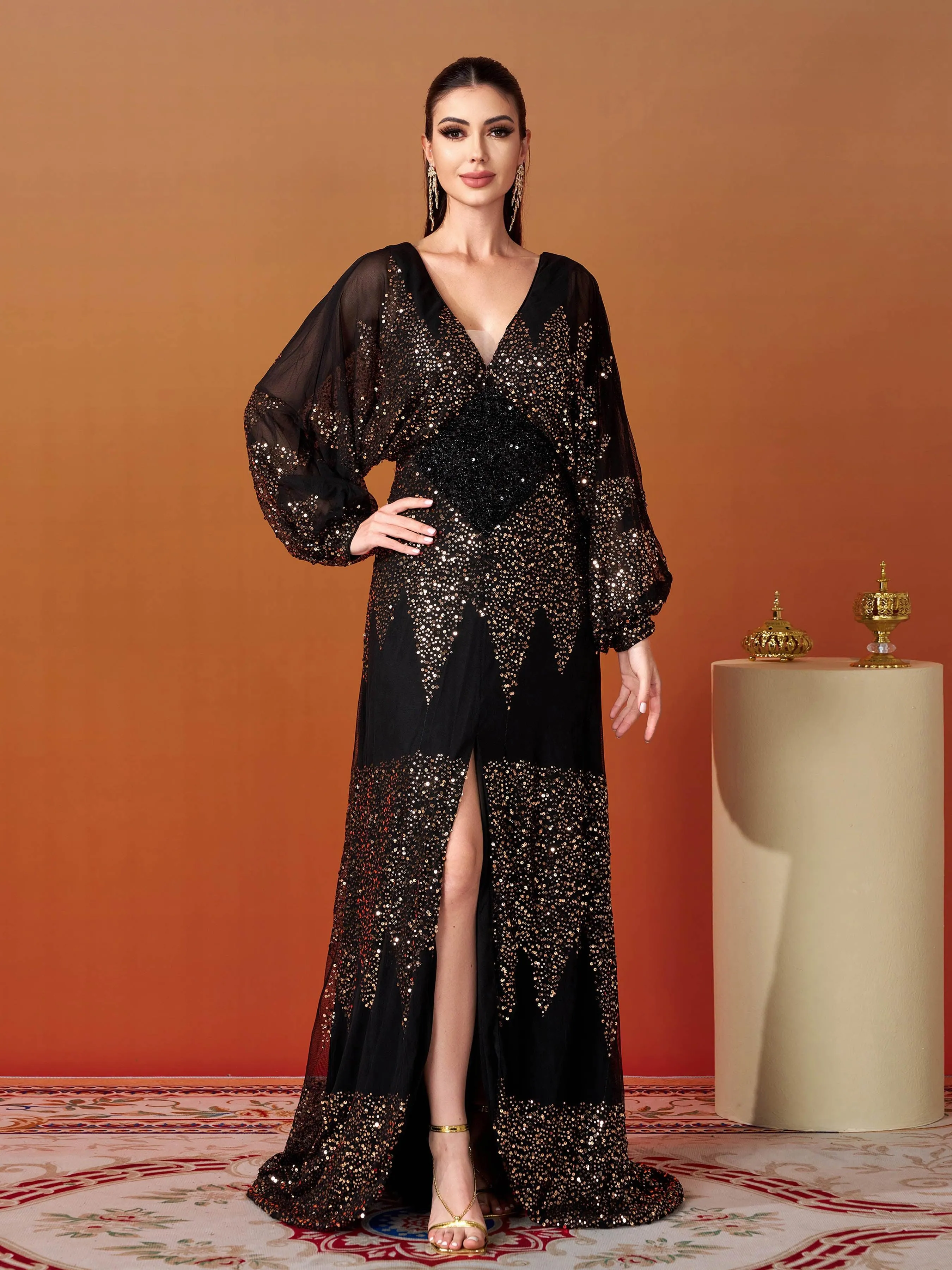 Lantern Sleeve V-Neck High Split Black Prom Dress RM21107