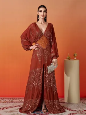 Lantern Sleeve V-Neck High Split Black Prom Dress RM21107