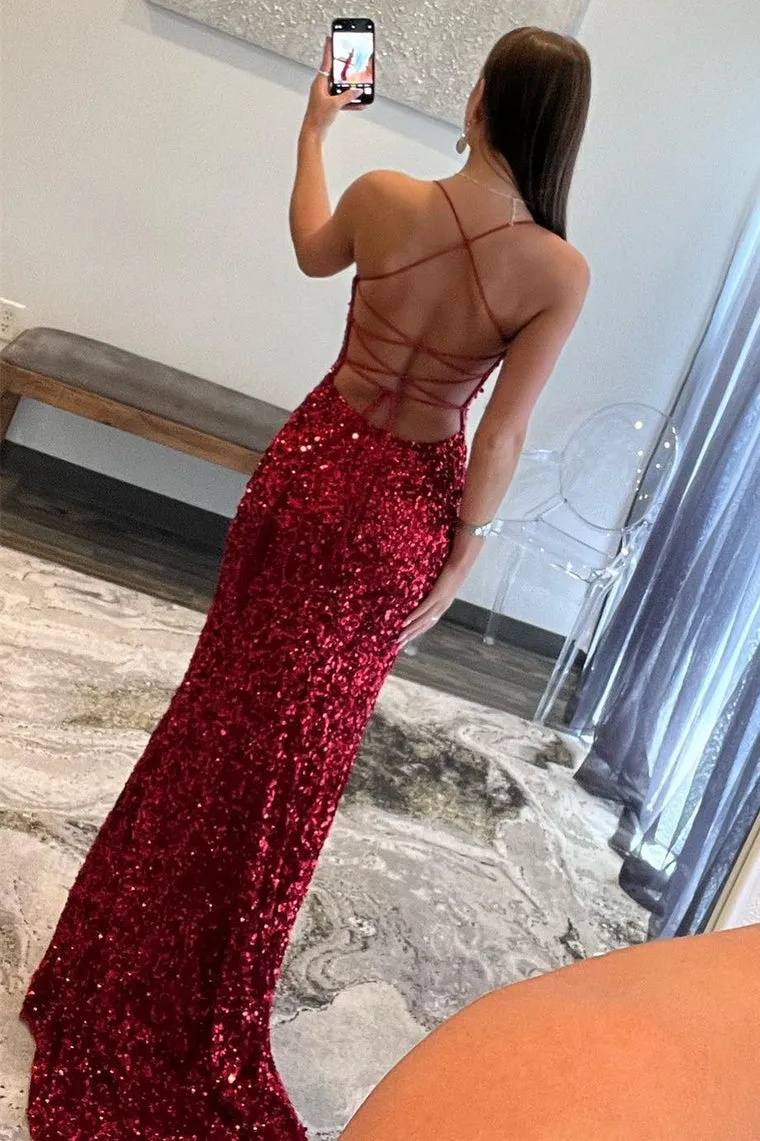 Long Mermaid Navy Blue Sequin Prom Dresses Straps Lace-Up