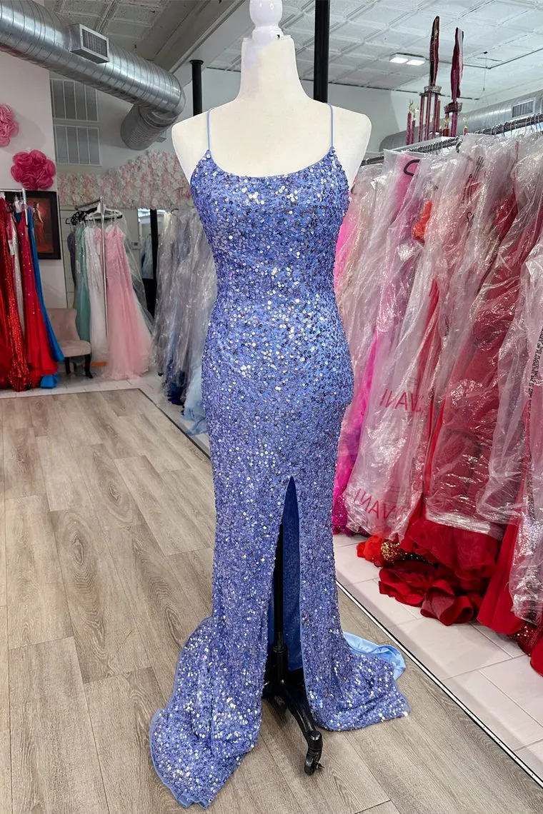 Long Mermaid Navy Blue Sequin Prom Dresses Straps Lace-Up