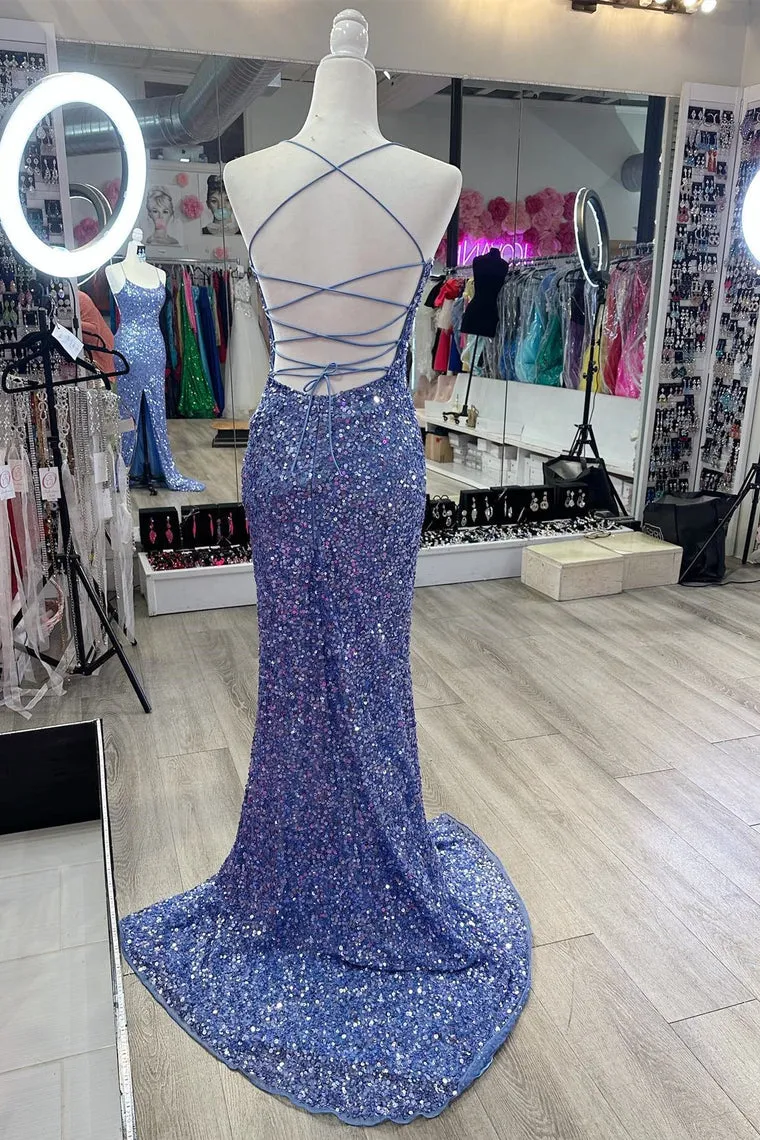 Long Mermaid Navy Blue Sequin Prom Dresses Straps Lace-Up
