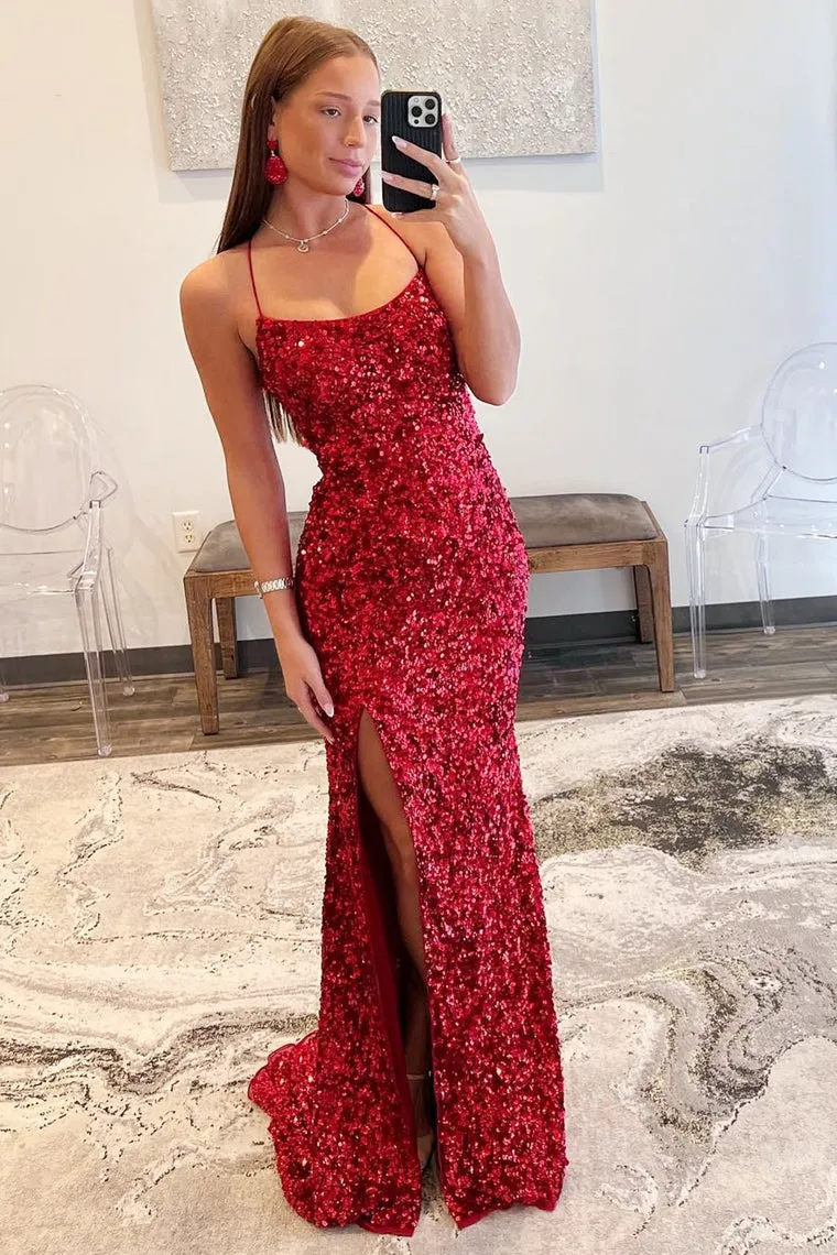 Long Mermaid Navy Blue Sequin Prom Dresses Straps Lace-Up