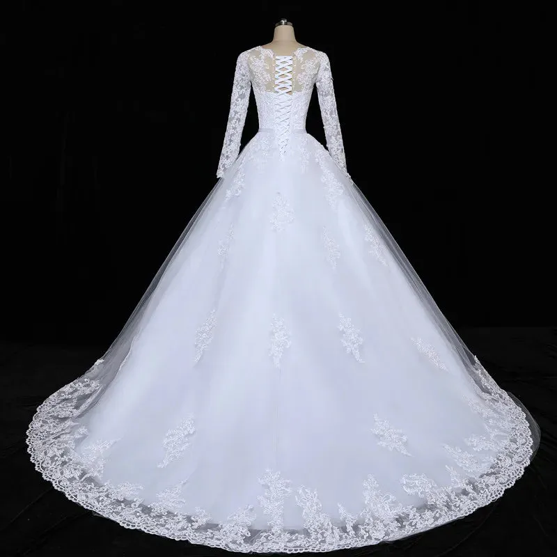 Long Sleeve Vestido De Noiva Lace Gowns Wedding Dress Train Customized Plus Size Bridal Tulle Mariage