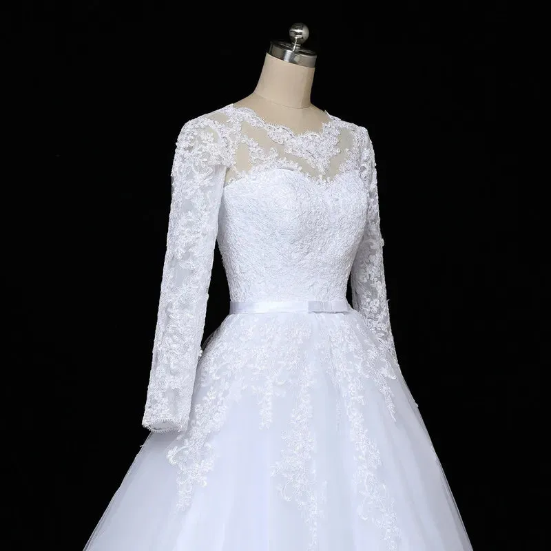 Long Sleeve Vestido De Noiva Lace Gowns Wedding Dress Train Customized Plus Size Bridal Tulle Mariage