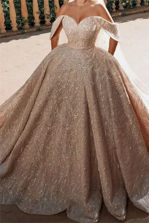 Luxurious Off The Shoulder Sequins Ball Gowns For Women A Line Satin Wedding Dress