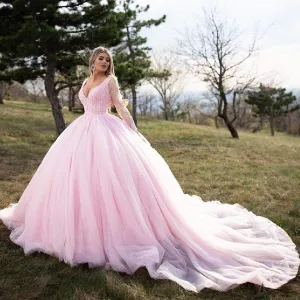 Luxury Dubai Wedding Gowns Long Sleeves Beaded Princess Pink