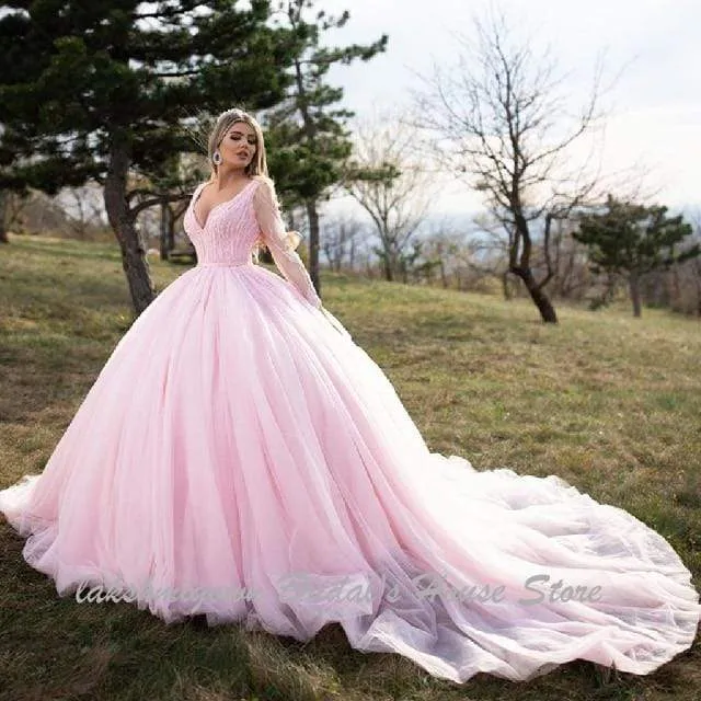 Luxury Dubai Wedding Gowns Long Sleeves Beaded Princess Pink