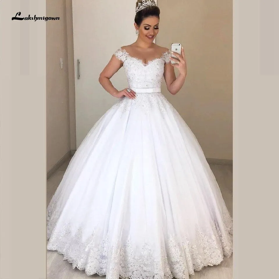 Luxury Princess Bridal Wedding Gowns Sexy Sheer Capped Sleeves
