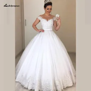 Luxury Princess Bridal Wedding Gowns Sexy Sheer Capped Sleeves