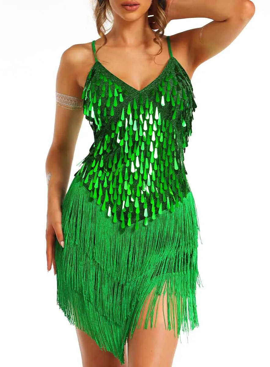 Mini Green Sequin Fringe Dress
