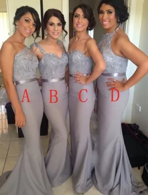 mismatched mermaid bridesmaid dresses long lace appliqué beaded silver gray elegant wedding party dress