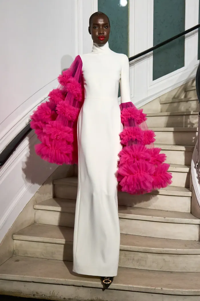 Mock Neck Gown with Embroidered Tulle Sleeves