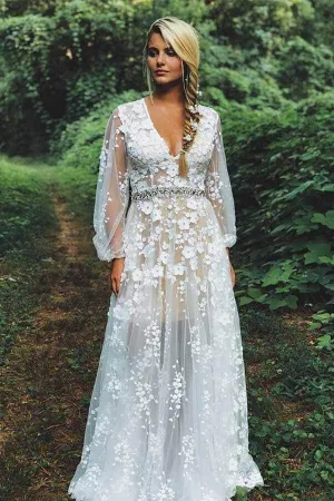 Modest Tulle A-line Long Sleeves Lace Appliques Wedding Dresses, MW1032