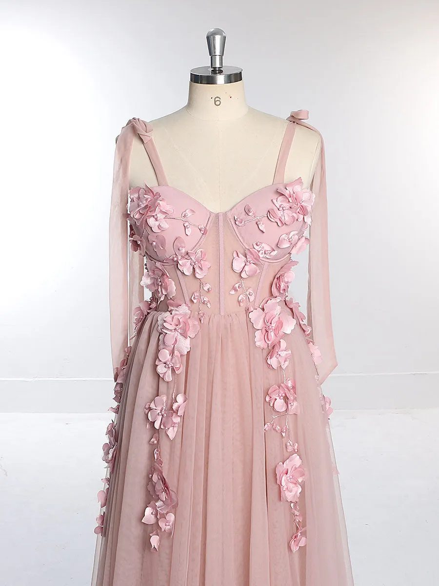 New Tulle with 3D Flowers Corset Dress with Side Slit Photo Shoots Dress Prom Party Gowns YW231014