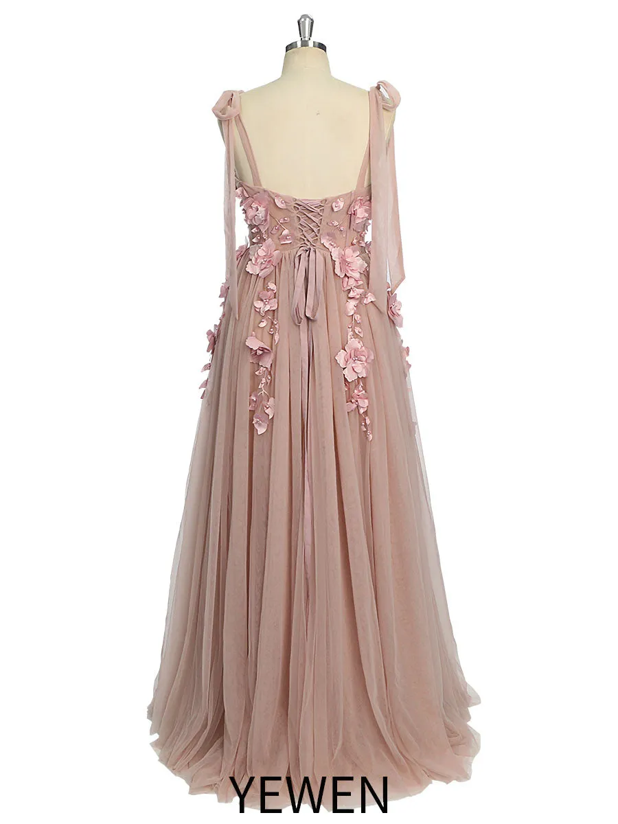 New Tulle with 3D Flowers Corset Dress with Side Slit Photo Shoots Dress Prom Party Gowns YW231014