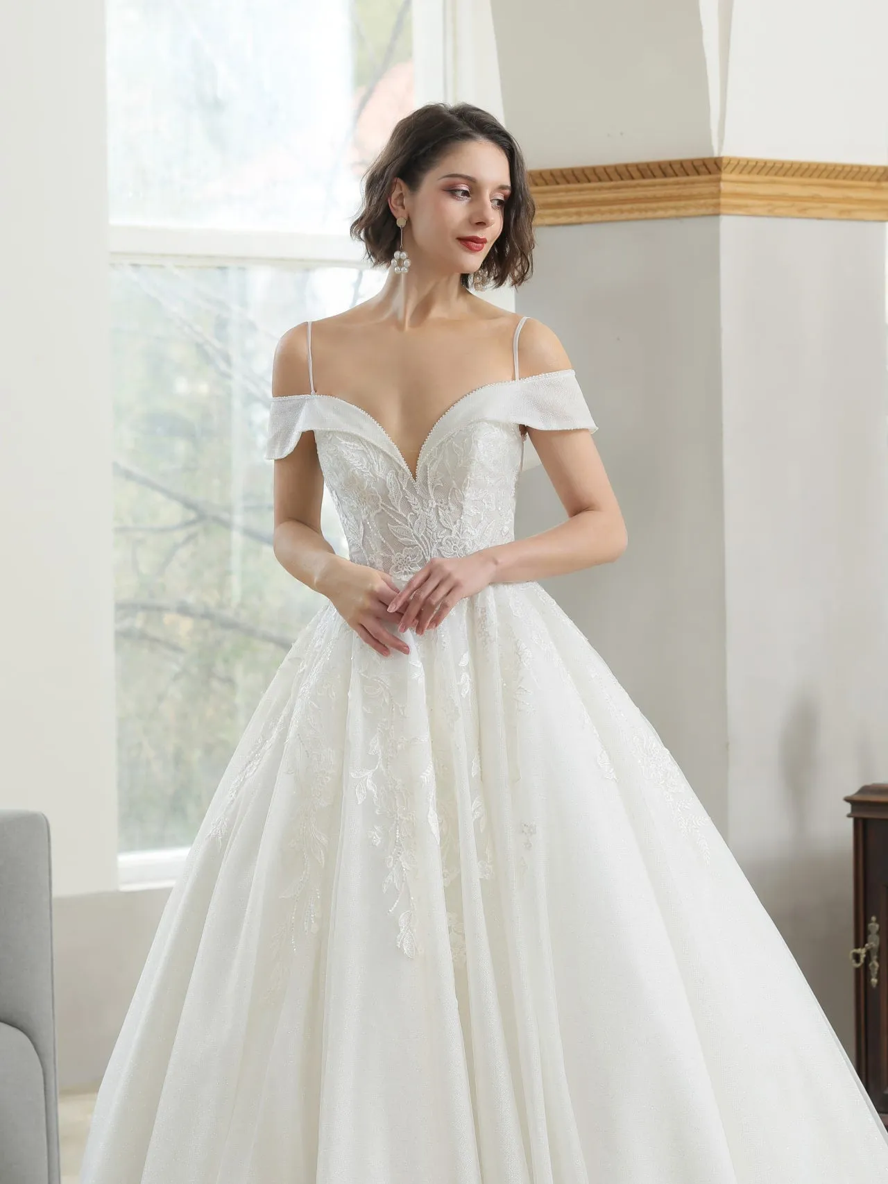 Off Shoulder Sequin Floral Lace Glitter Full A-Line Wedding Dress | Blake