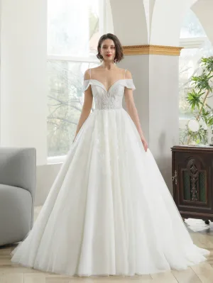 Off Shoulder Sequin Floral Lace Glitter Full A-Line Wedding Dress | Blake
