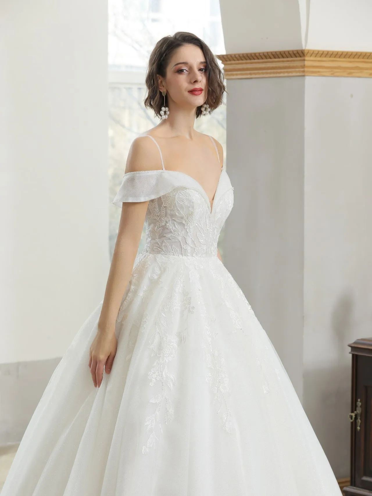 Off Shoulder Sequin Floral Lace Glitter Full A-Line Wedding Dress | Blake
