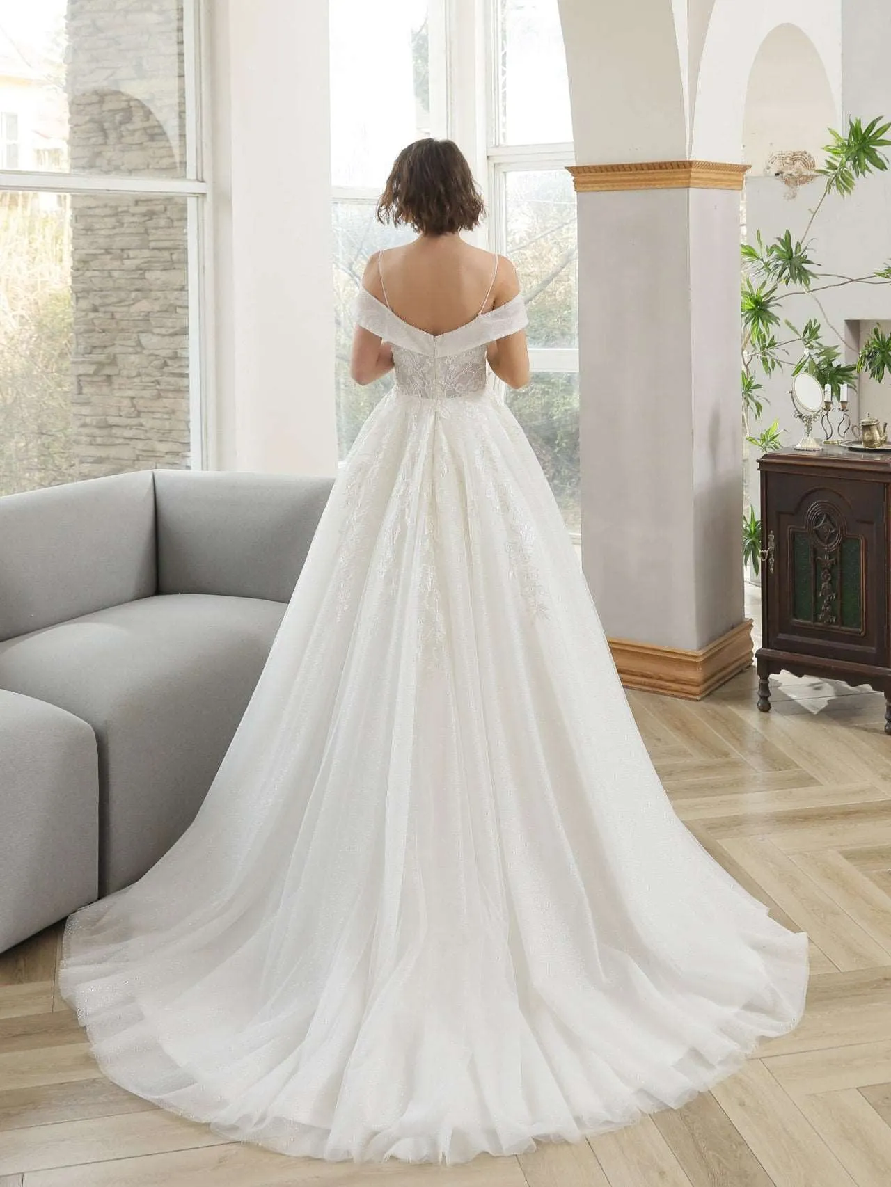 Off Shoulder Sequin Floral Lace Glitter Full A-Line Wedding Dress | Blake