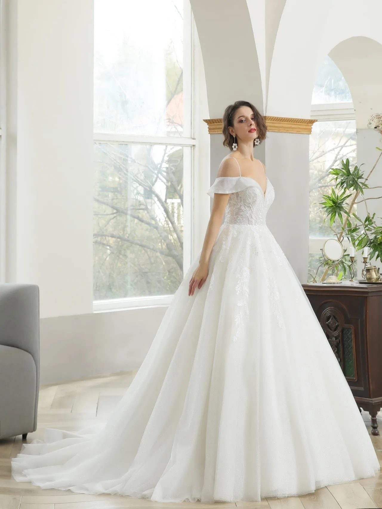 Off Shoulder Sequin Floral Lace Glitter Full A-Line Wedding Dress | Blake