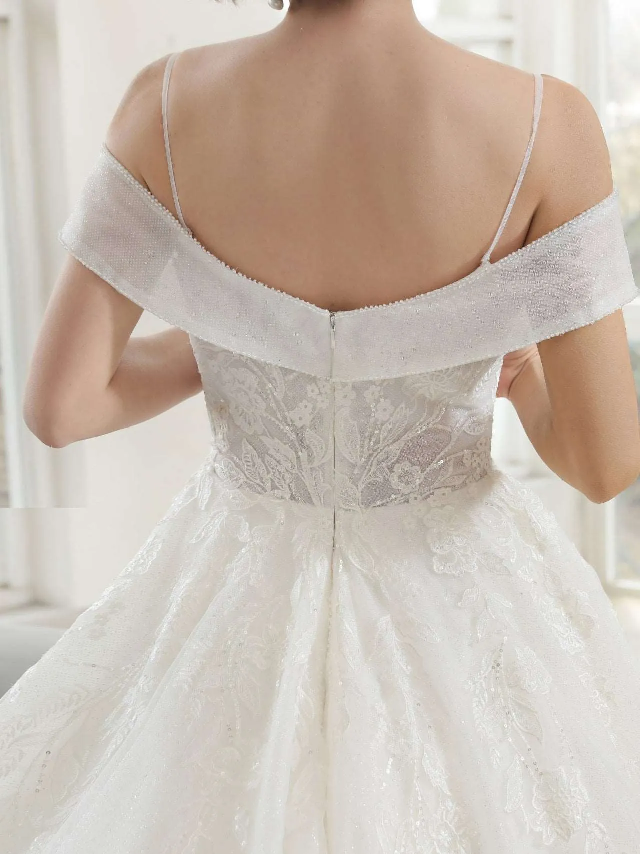 Off Shoulder Sequin Floral Lace Glitter Full A-Line Wedding Dress | Blake
