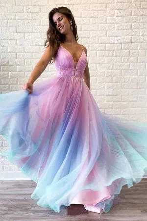Ombre Beaded Spaghetti Straps V Neck Prom Dresses, Graduation Dress, SP684