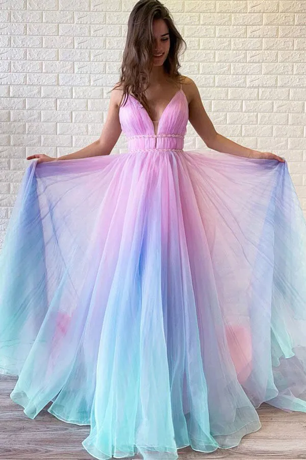 Ombre Beaded Spaghetti Straps V Neck Prom Dresses, Graduation Dress, SP684