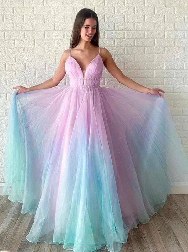 Ombre Beaded Spaghetti Straps V Neck Prom Dresses, Graduation Dress, SP684