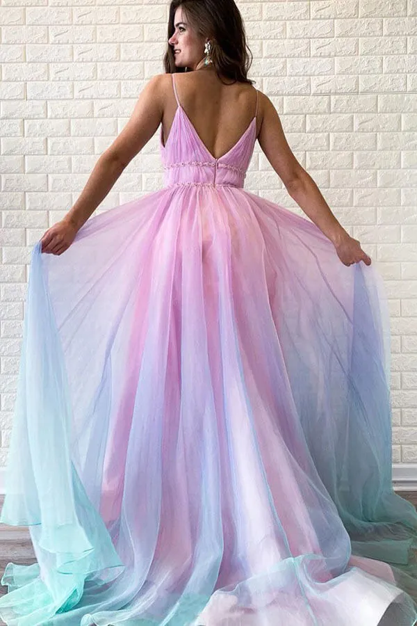 Ombre Beaded Spaghetti Straps V Neck Prom Dresses, Graduation Dress, SP684