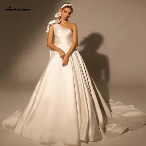 One Shoulder Satin Wedding Gowns Long Train