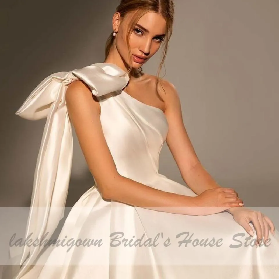 One Shoulder Satin Wedding Gowns Long Train