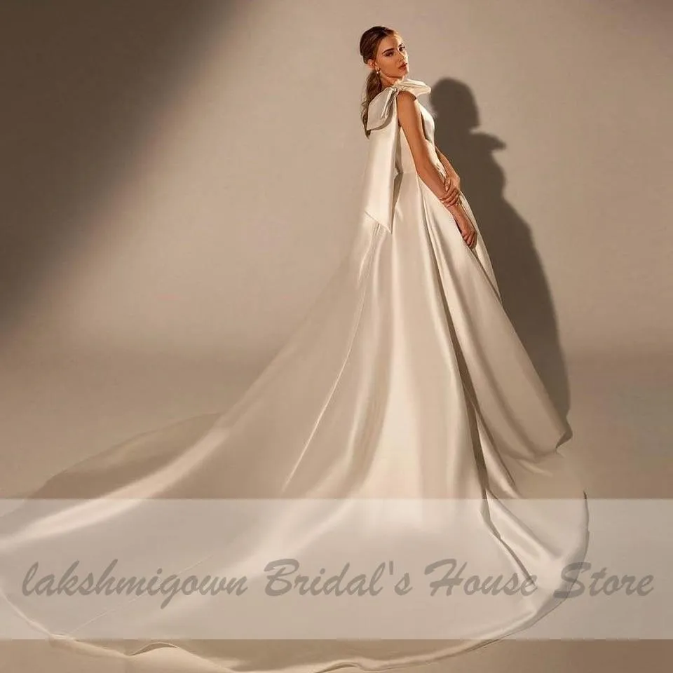 One Shoulder Satin Wedding Gowns Long Train