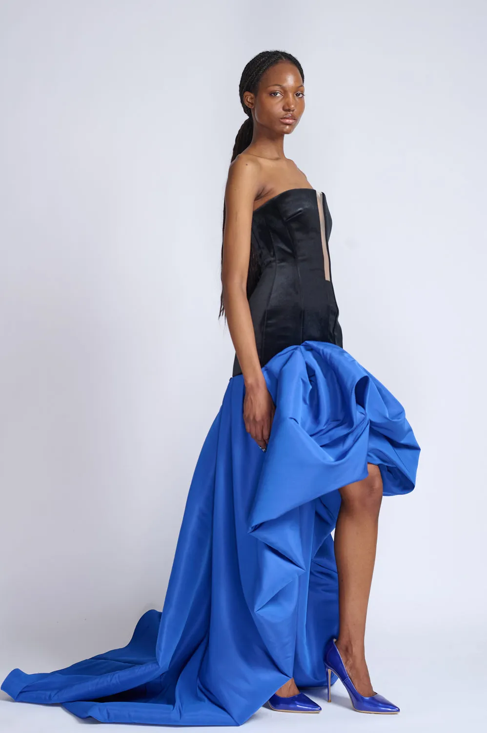 Onyx Velvet Strapless Dress With Yves Blue Faille Pouf Train