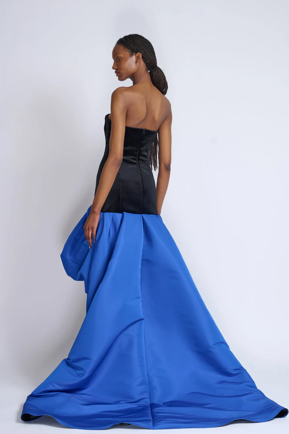 Onyx Velvet Strapless Dress With Yves Blue Faille Pouf Train