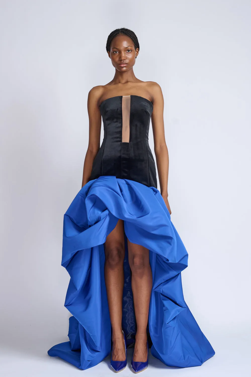 Onyx Velvet Strapless Dress With Yves Blue Faille Pouf Train
