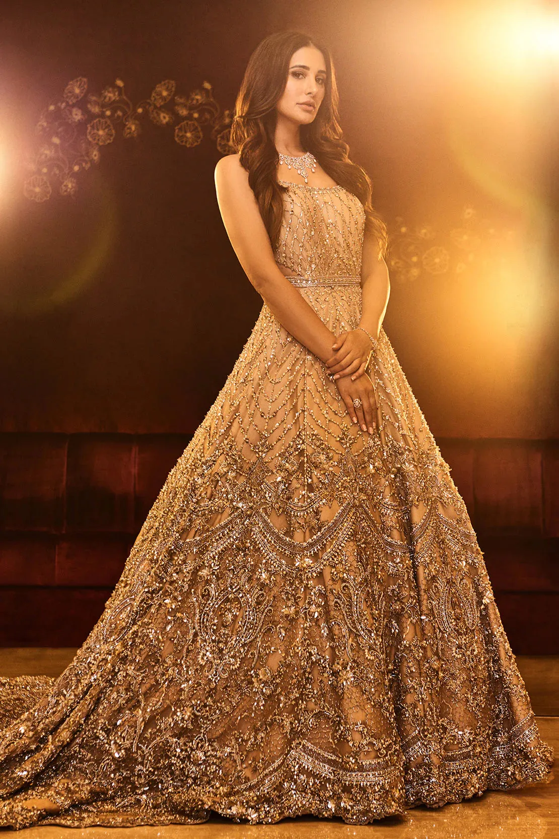 Pakistani  Gown Long Tail in Golden Dress