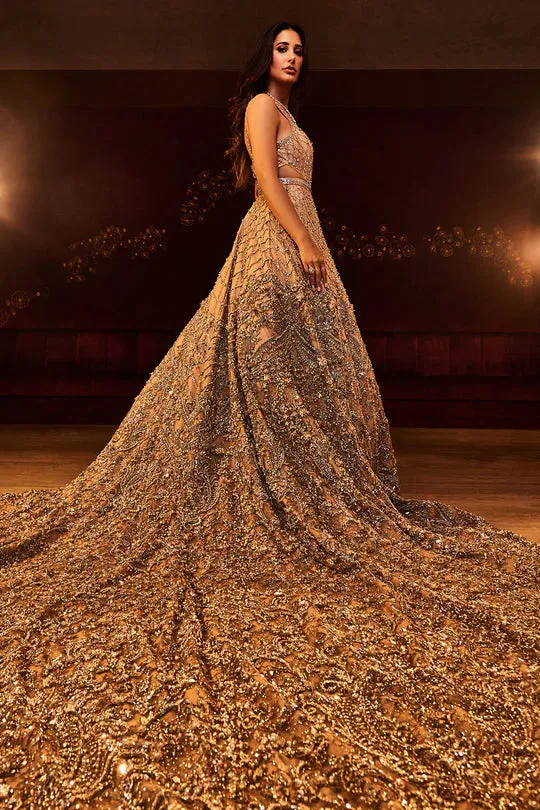 Pakistani  Gown Long Tail in Golden Dress