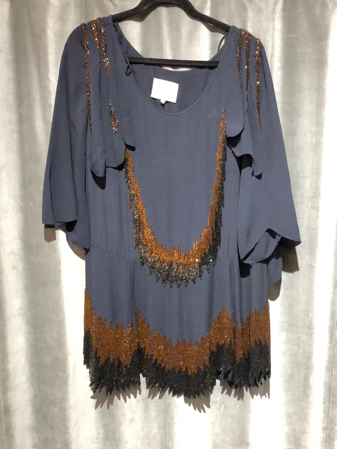 PHILLIP LIM Navy Chiffon Long Sleeve Mini Dress with Beaded Bottom