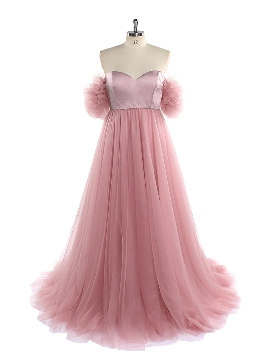 Pink Tulle Maternity Photography Dress Long Off Shoulder Maternity Gowns for Baby Shower  Fancy Photography Props YeWen YW220905