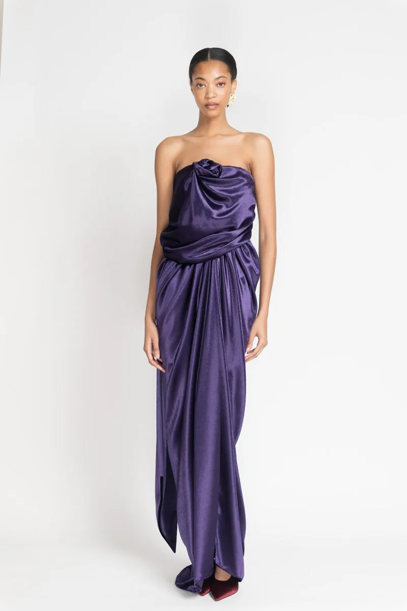 Purple Panne Velvet Strapless Sari Gown