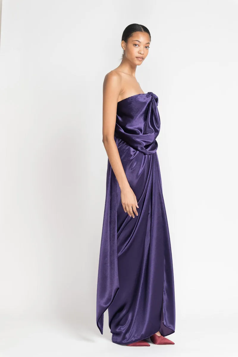 Purple Panne Velvet Strapless Sari Gown