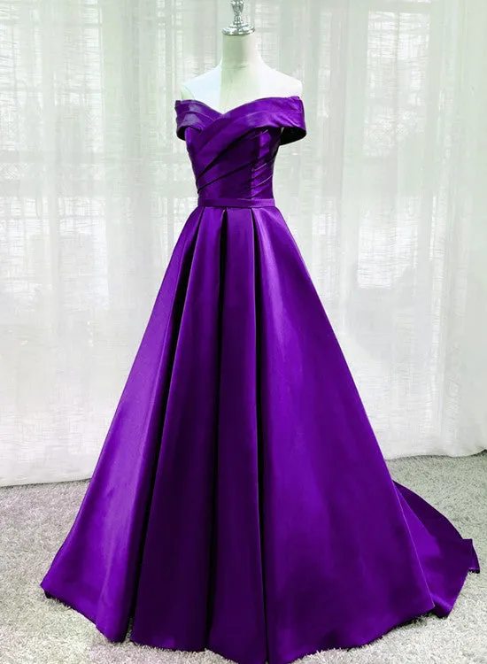 Purple Satin Sweetheart Long Party Dress Prom Dress, Off Shoulder Purple Evening Dress
