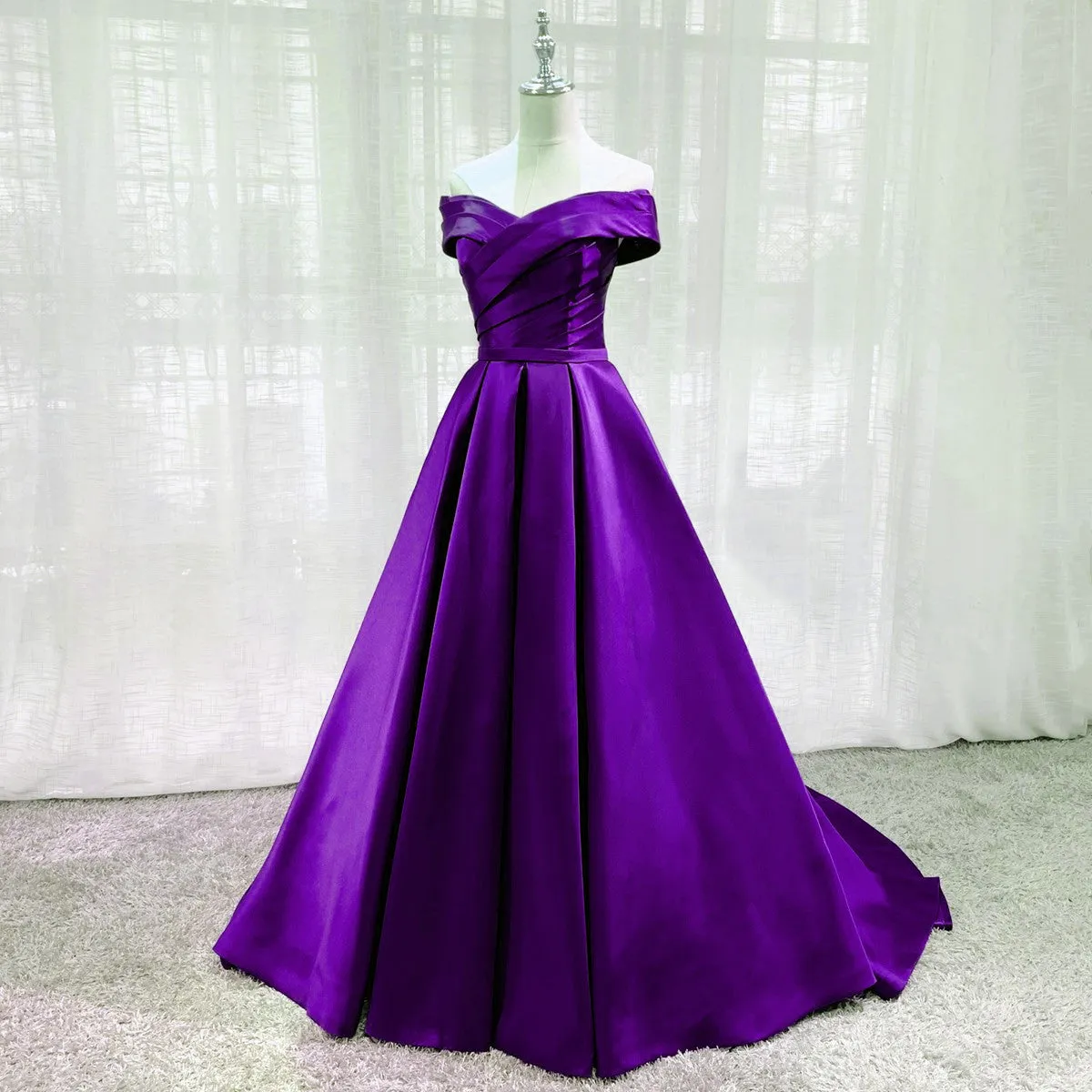 Purple Satin Sweetheart Long Party Dress Prom Dress, Off Shoulder Purple Evening Dress