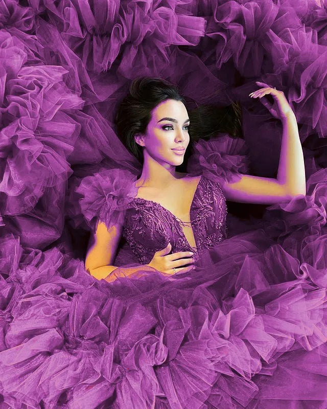 Purple Tulle Quinceanera Dresses Ruffles Skirt Sexy Deep V-Neckline Ball Gown Sweet 16 Dress 803072